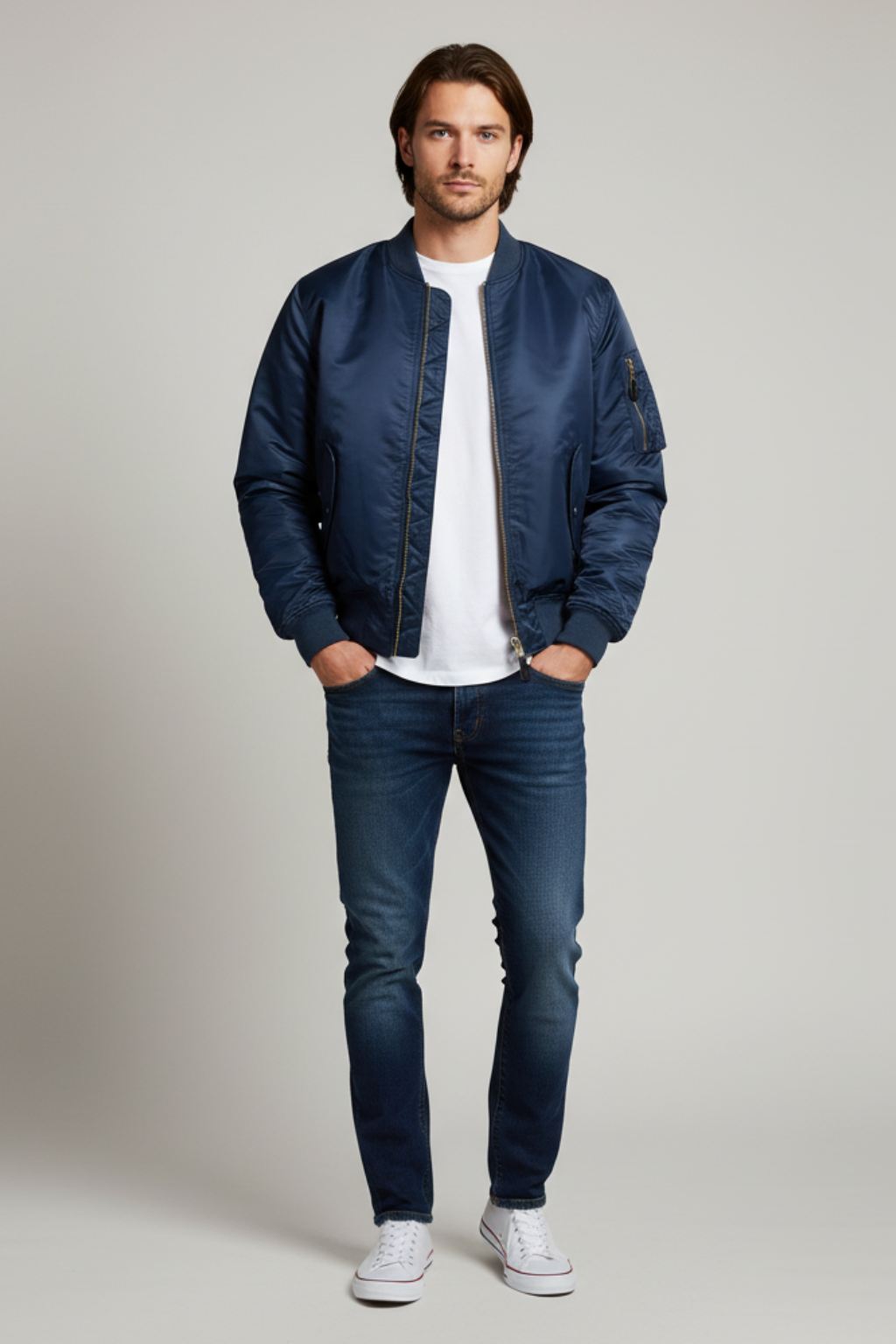 Men's Lightweight Fall Bomber Jacket with Zip Pockets and Ribbed Trim Blue