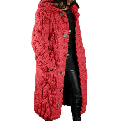 Women's Long Cable-Knit Cardigan with Button Front for Daily Use Red