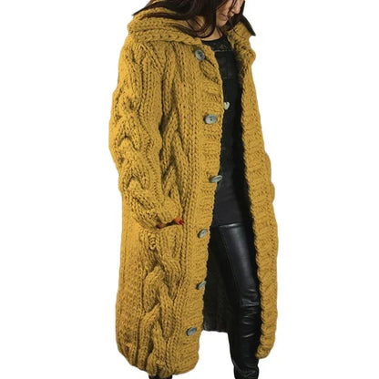 Women's Long Cable-Knit Cardigan with Button Front for Daily Use Yellow