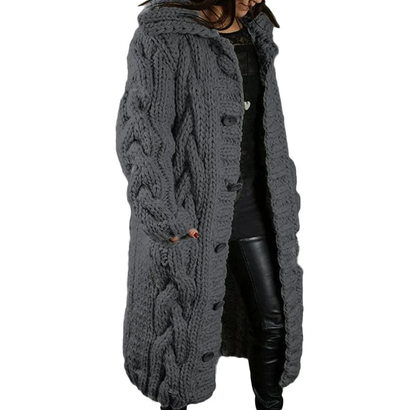 Women's Long Cable-Knit Cardigan with Button Front for Daily Use Dark Gray