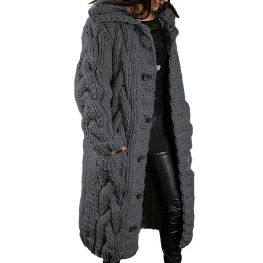 Women's Long Cable-Knit Cardigan with Button Front for Daily Use Dark Gray