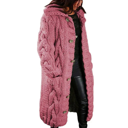Women's Long Cable-Knit Cardigan with Button Front for Daily Use Light Pink