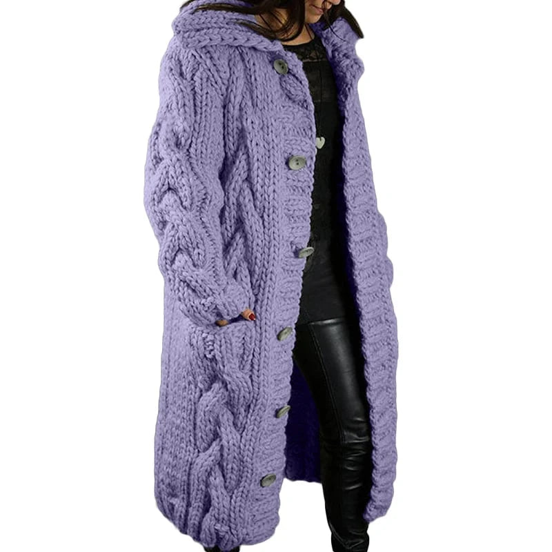 Women's Long Cable-Knit Cardigan with Button Front for Daily Use Purple