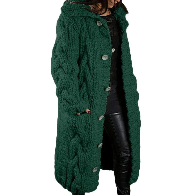 Women's Long Cable-Knit Cardigan with Button Front for Daily Use Green