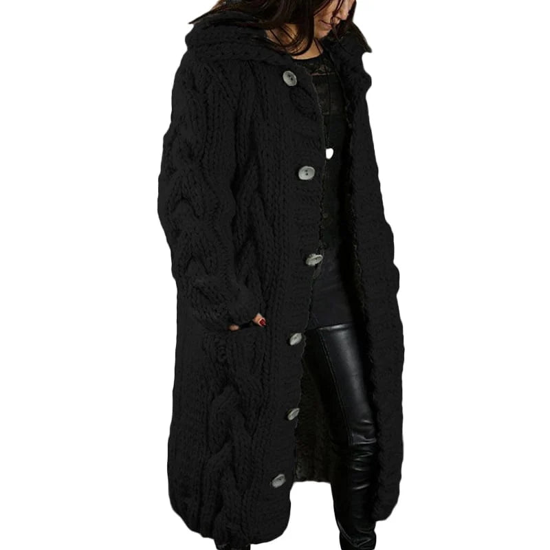 Women's Long Cable-Knit Cardigan with Button Front for Daily Use Black
