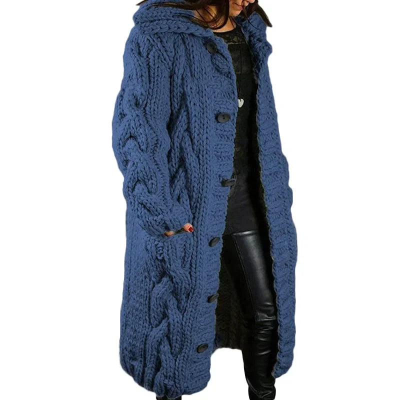Women's Long Cable-Knit Cardigan with Button Front for Daily Use Navy Blue