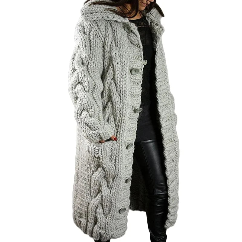 Women's Long Cable-Knit Cardigan with Button Front for Daily Use Light Gray