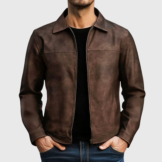 Men's Zip-Up Faux Leather Biker Jacket with Zipper for Daily Use Brown