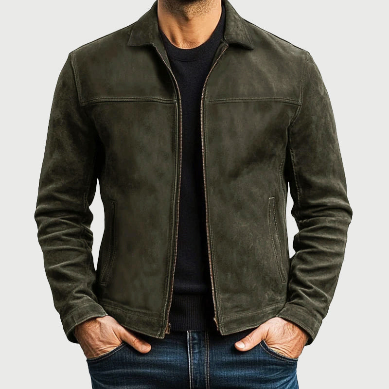Men's Zip-Up Faux Leather Biker Jacket with Zipper for Daily Use Green