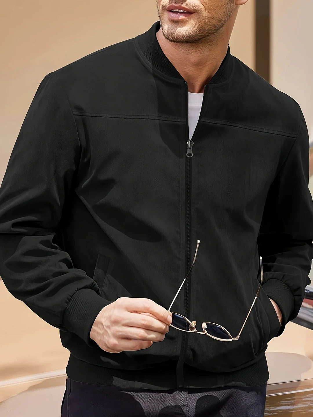 Men's Suede Bomber Jacket for Fall with Ribbed Trim with Full zip Black