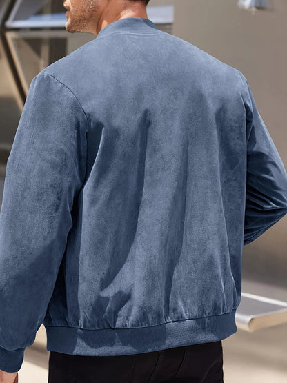 Men's Suede Bomber Jacket for Fall with Ribbed Trim with Full zip