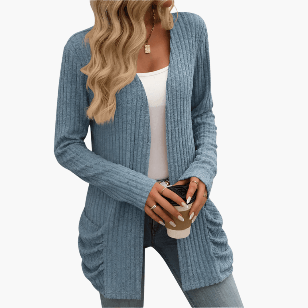 Women's Chunky Knit Cardigan with Long Sleeves and Cable Design Blue
