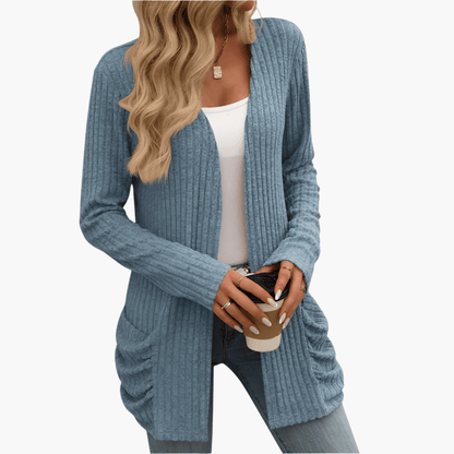 Women's Chunky Knit Cardigan with Long Sleeves and Cable Design Blue