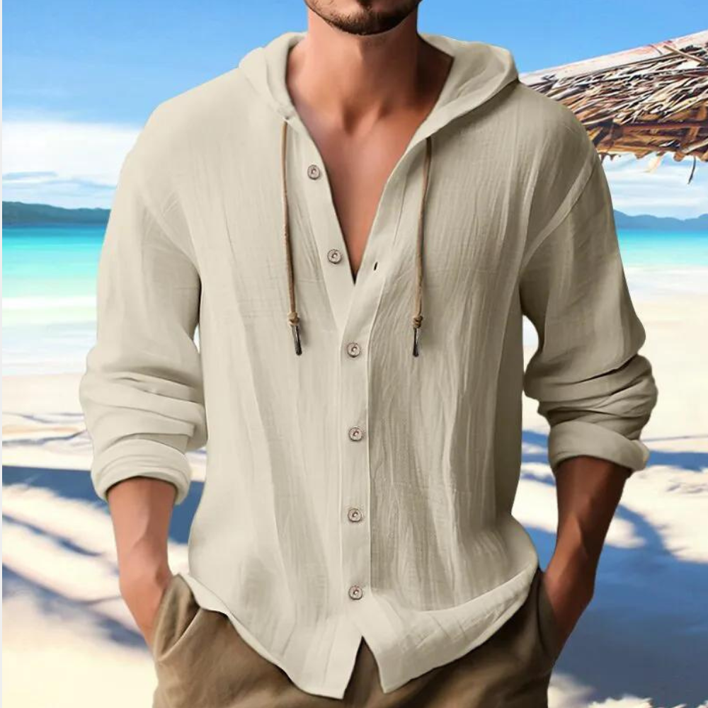 Men's Button-Down Hooded Shirt for Fall and Winter Everyday Wear Beige