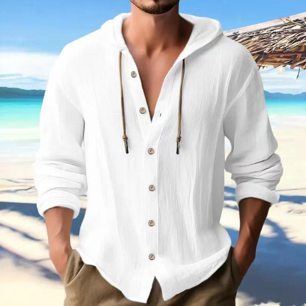 Men's Button-Down Hooded Shirt for Fall and Winter Everyday Wear White