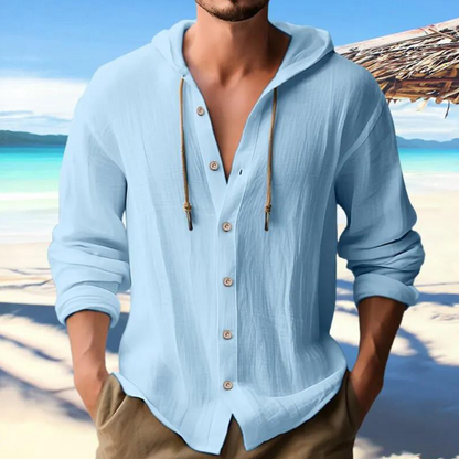 Men's Button-Down Hooded Shirt for Fall and Winter Everyday Wear Light Blue