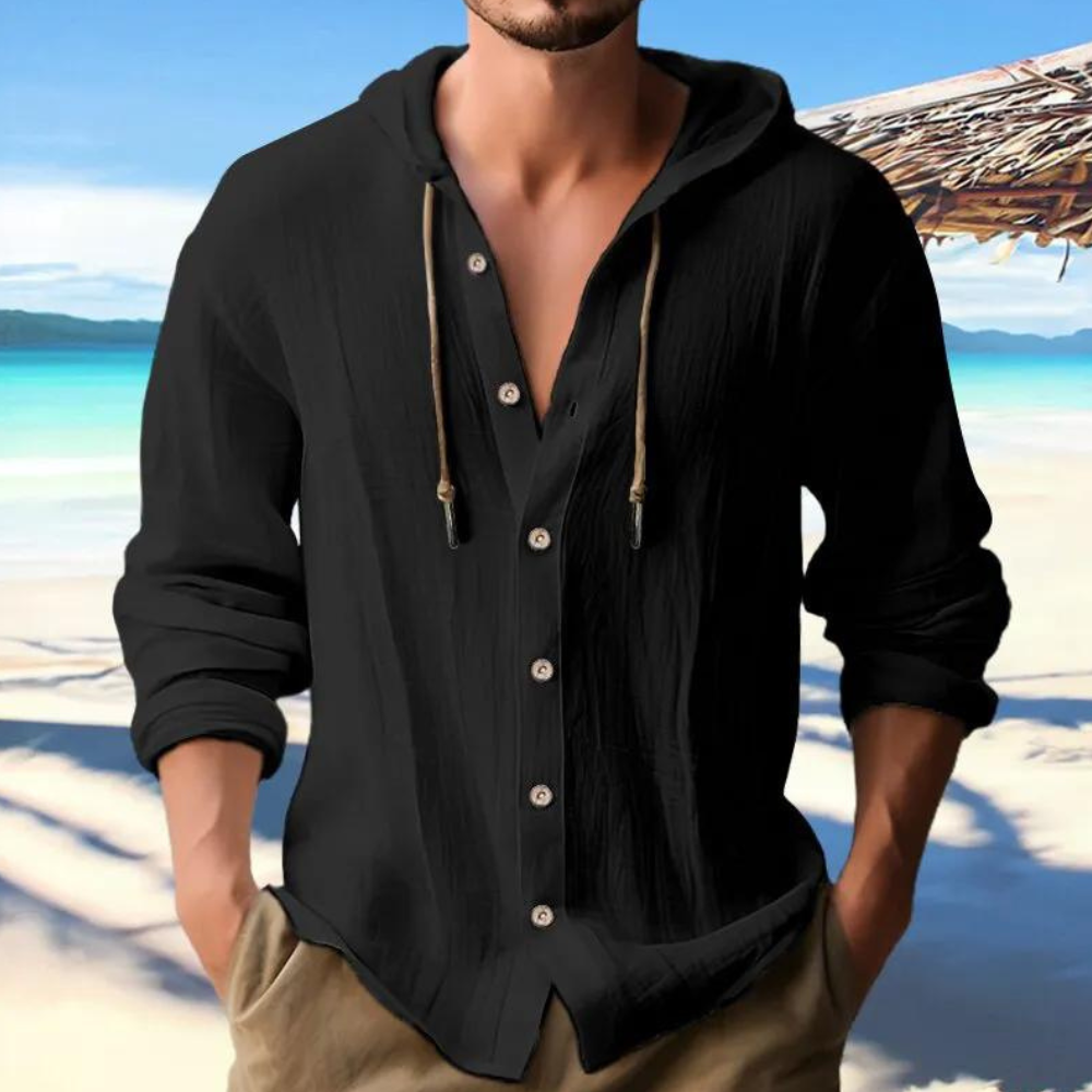 Men's Button-Down Hooded Shirt for Fall and Winter Everyday Wear Black
