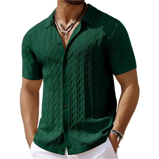 Men's Button-Down Knit Polo Shirt for Fall and Winter Everyday Wear Green