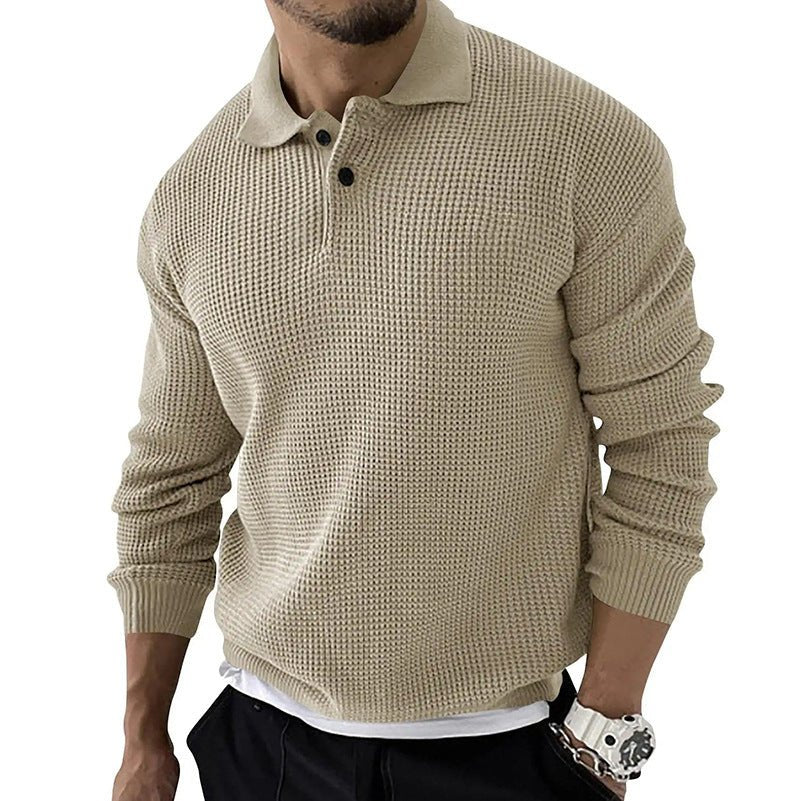 Men's Button-Down Polo Sweater for Fall and Winter Everyday Wear Beige
