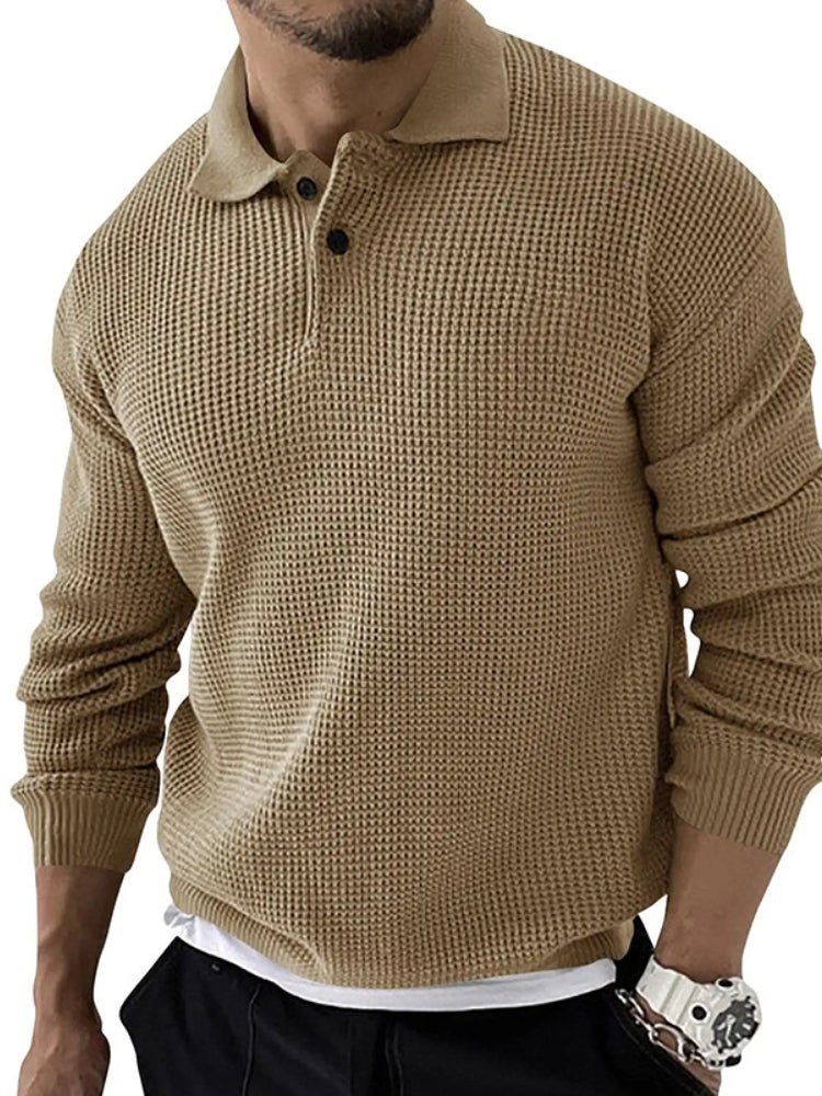 Men's Button-Down Polo Sweater for Fall and Winter Everyday Wear Khaki