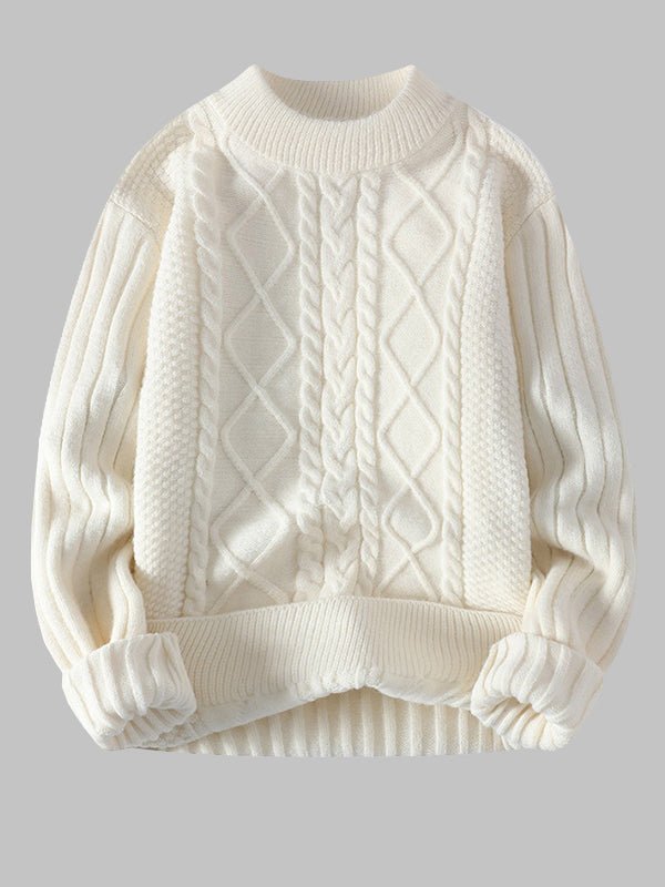 Men's Cable Knit Crew Neck Sweater for Fall and Winter Everyday Wear White
