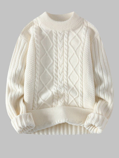 Men's Cable Knit Crew Neck Sweater for Fall and Winter Everyday Wear White