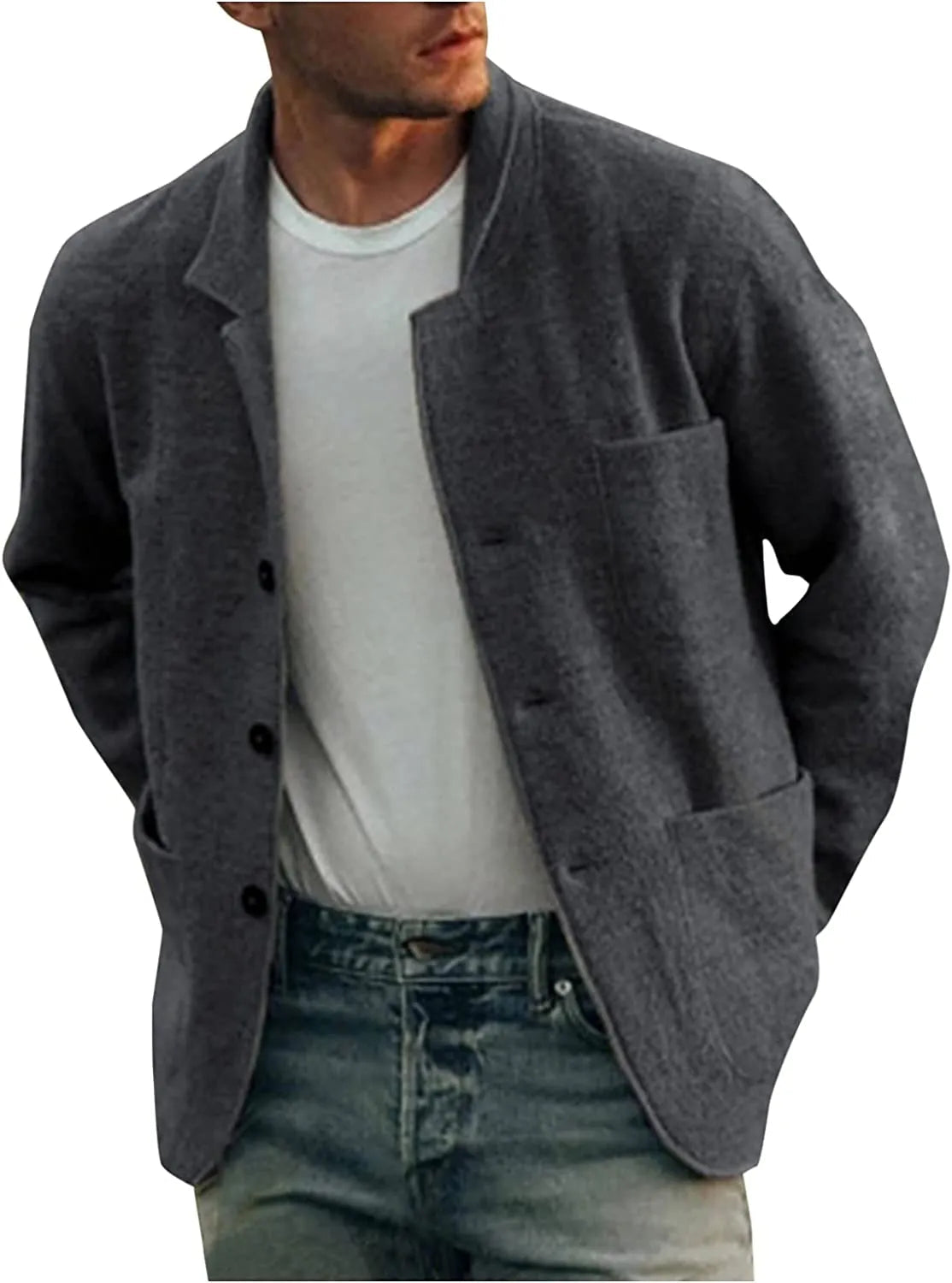 Men's Dark Gray Casual Button-Down Jacket for Fall and Winter
