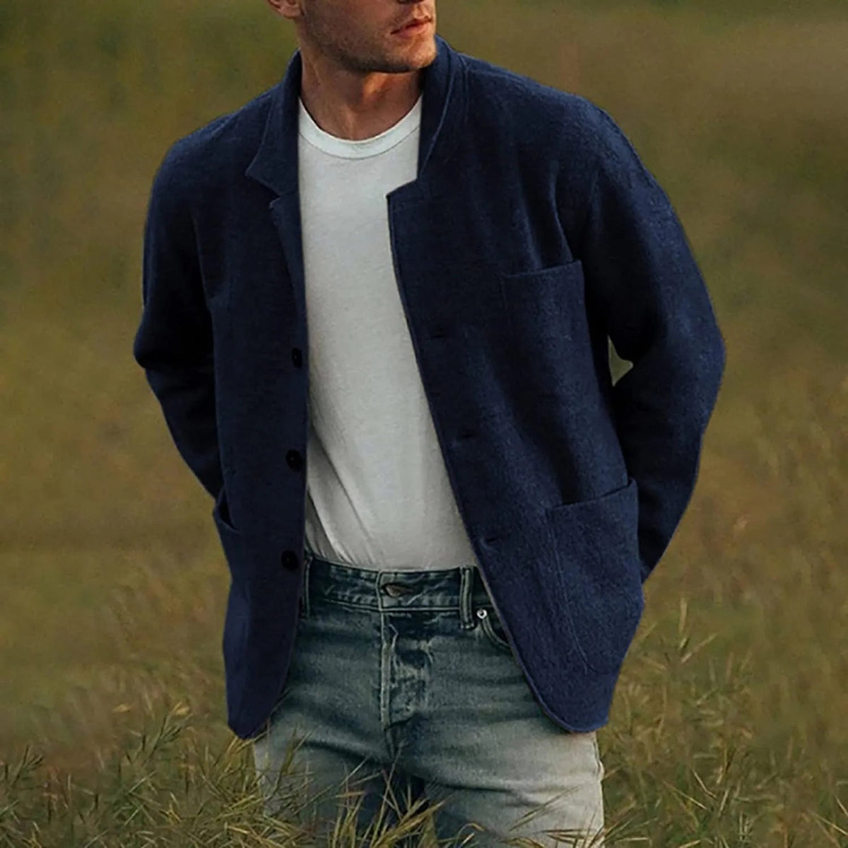 Men's Dark Gray Casual Button-Down Jacket for Fall and Winter Blue