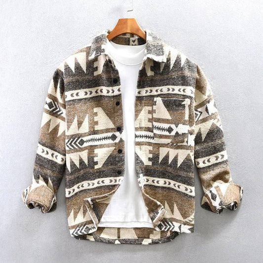 Men's Multi-Color Aztec Casual Button-Down Jacket for Fall and Winter Beige