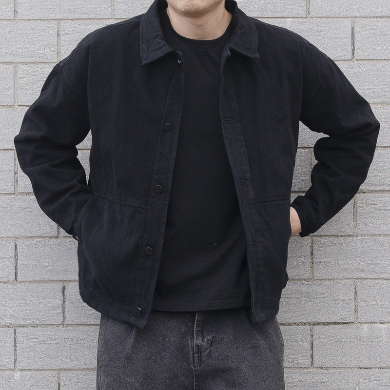 Men's Black Casual Button-Down Jacket for Fall and Winter Black