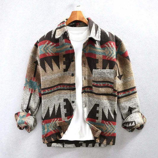 Men's Multi-Color Aztec Casual Button-Down Jacket for Fall and Winter Brown