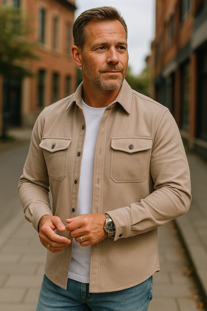 Men's Beige Casual Button-Down Shirt for Fall and Winter Everyday Wear