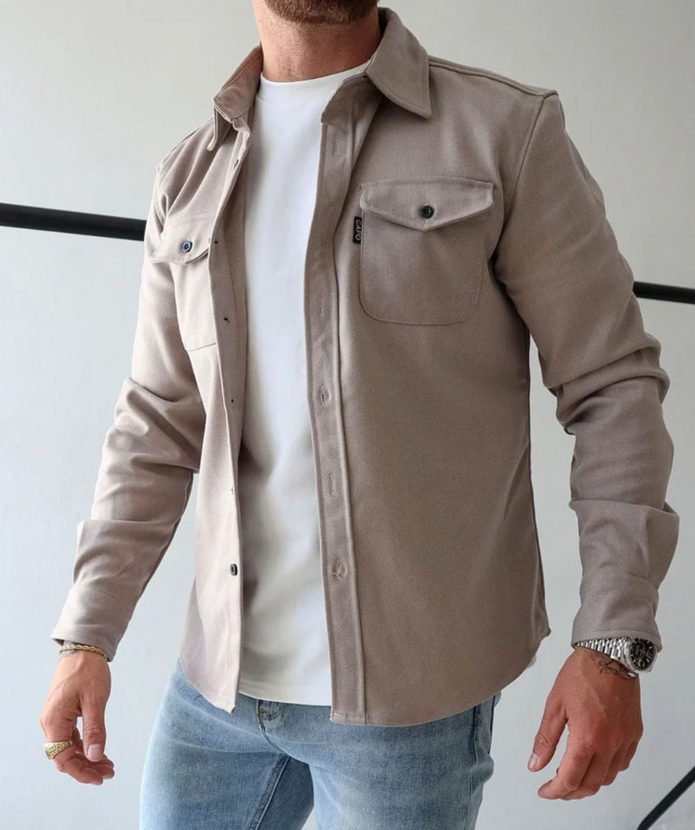 Men's Beige Casual Button-Down Shirt for Fall and Winter Everyday Wear