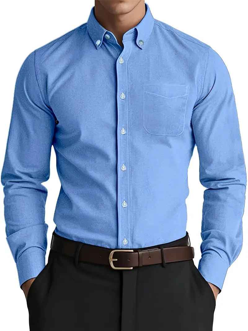 Men's Grey Casual Button-Down Shirt for Fall and Winter Everyday Wear Blue