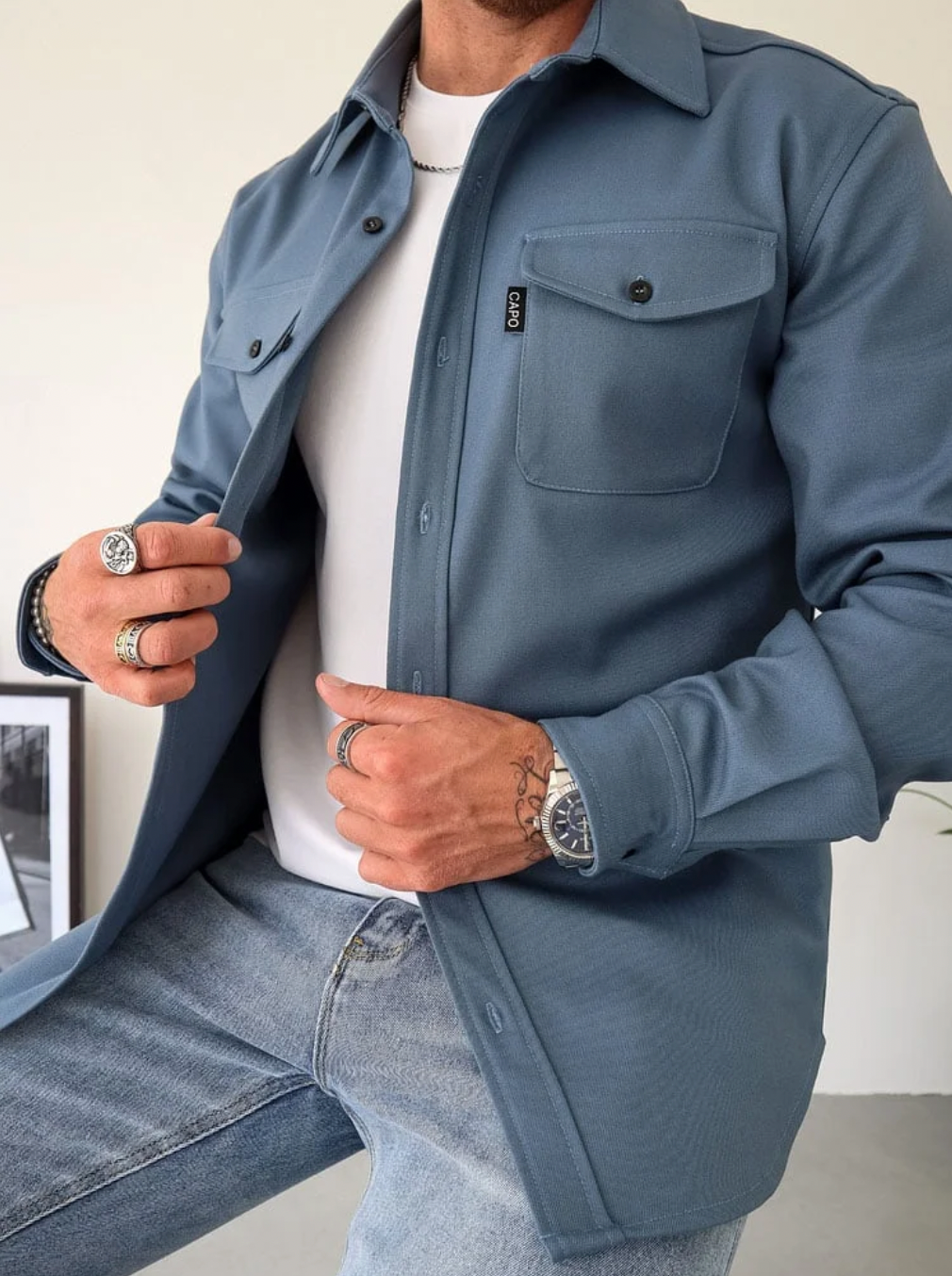 Men's Beige Casual Button-Down Shirt for Fall and Winter Everyday Wear Blue
