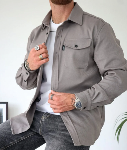 Men's Beige Casual Button-Down Shirt for Fall and Winter Everyday Wear Gray