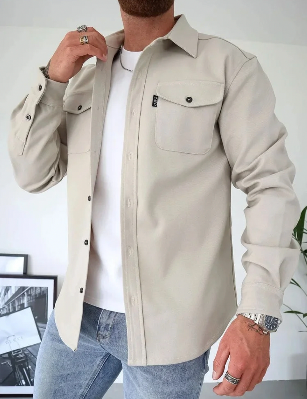 Men's Beige Casual Button-Down Shirt for Fall and Winter Everyday Wear Light Beige