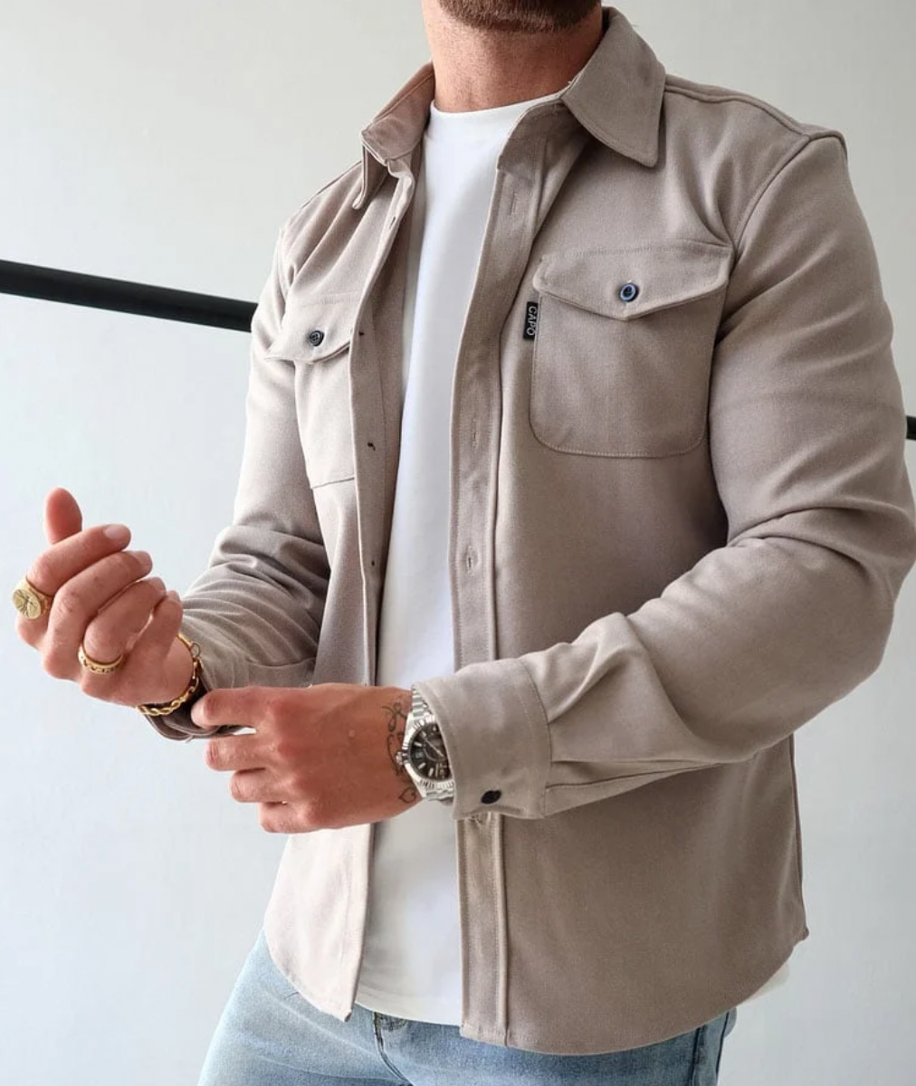 Men's Beige Casual Button-Down Shirt for Fall and Winter Everyday Wear