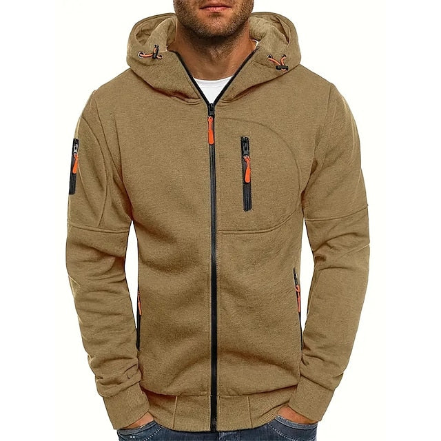Men's Casual Cotton Zip-Up Hoodie for Fall and Winter Everyday Wear Khaki