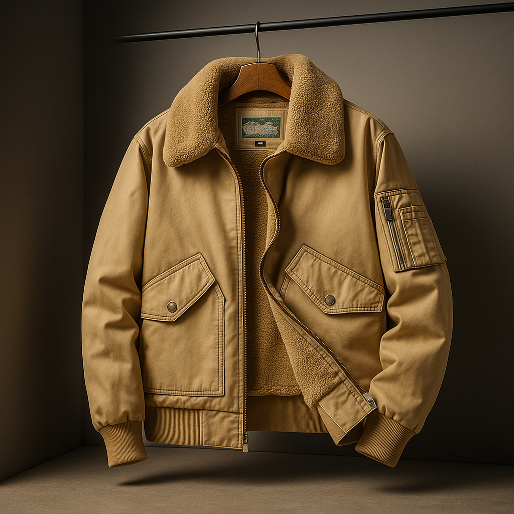 Men's Stylish Classic Bomber Jacket with Fleece Collar for Daily Use Khaki
