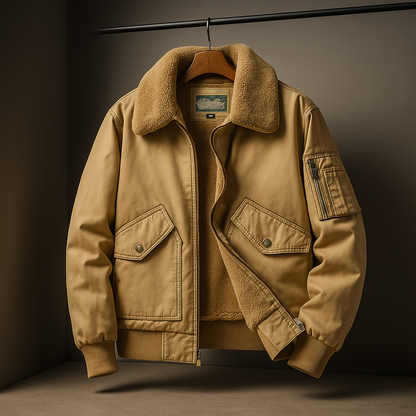 Men's Stylish Classic Bomber Jacket with Fleece Collar for Daily Use Khaki