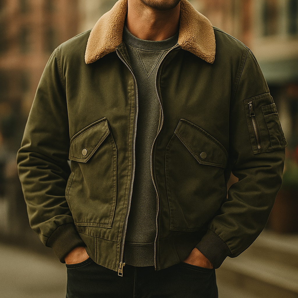 Men's Stylish Classic Bomber Jacket with Fleece Collar for Daily Use