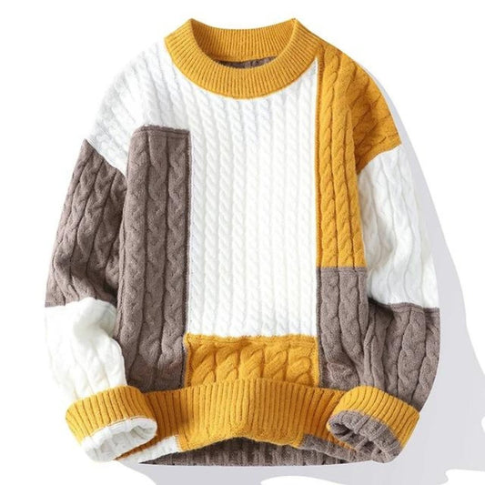 Men's Color Block Crew Neck Sweater for Fall and Winter Everyday Wear Yellow