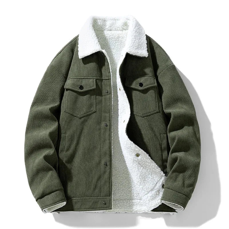 Men's Corduroy Button-Up Jacket with Snap-button front for Daily Use Green