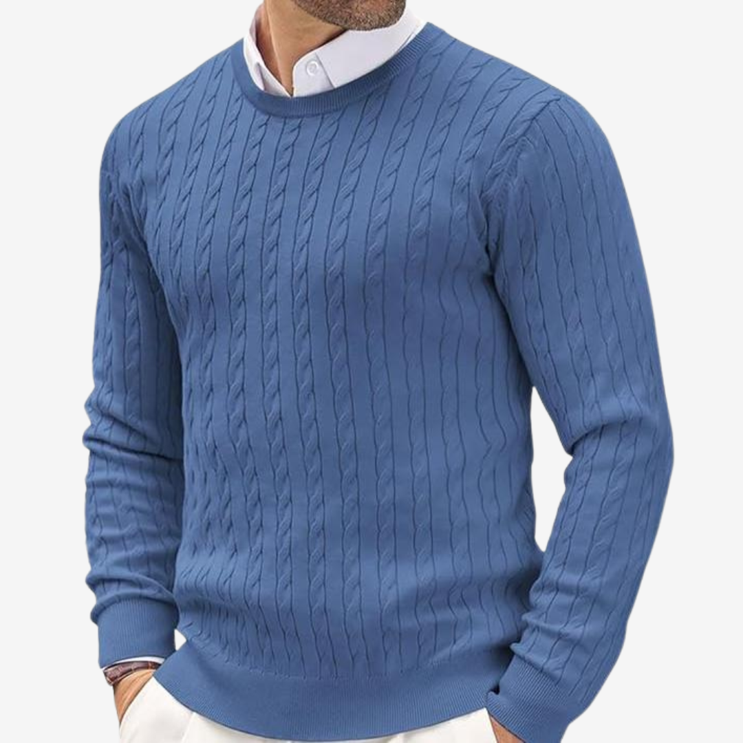 Men's Crew Neck Cable Knit Sweater for Fall and Winter Everyday Wear Blue