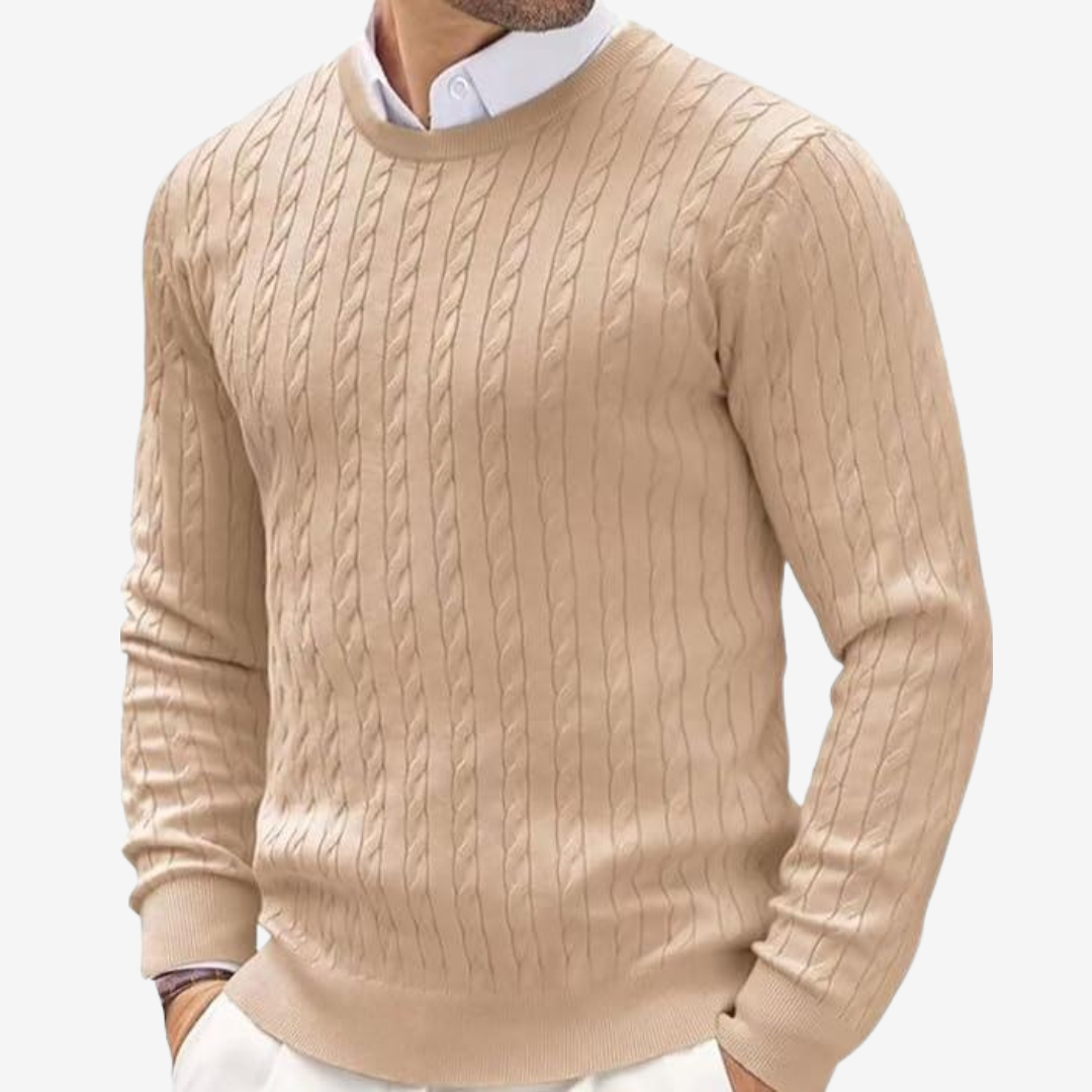 Men's Crew Neck Cable Knit Sweater for Fall and Winter Everyday Wear Beige