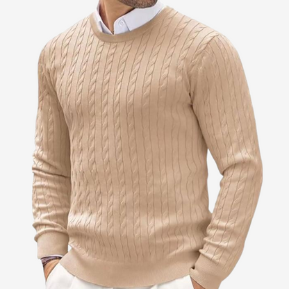 Men's Crew Neck Cable Knit Sweater for Fall and Winter Everyday Wear Beige