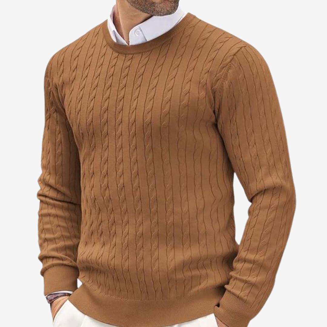Men's Crew Neck Cable Knit Sweater for Fall and Winter Everyday Wear Brown