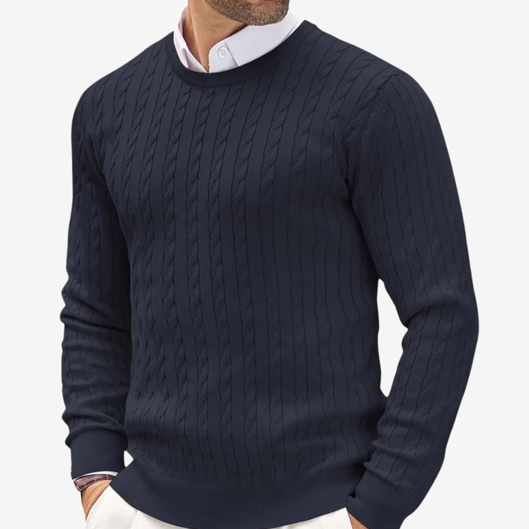 Men's Crew Neck Cable Knit Sweater for Fall and Winter Everyday Wear Navy Blue