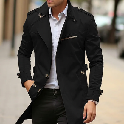 Men's Cream Double-Breasted Long Coat for Fall and Winter Black